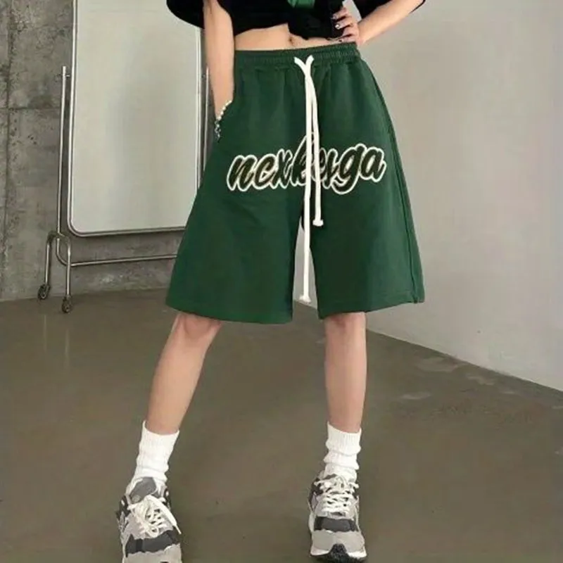 Vintage Shorts Women's Summer New Letter Embroidery High Waist Wide Leg Casual Basketball Short Pants Fashion