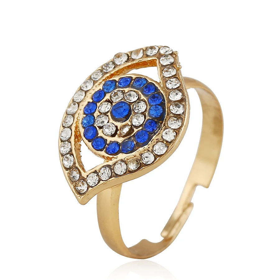 

Retro Gold Color Rhinestone Blue Evil Eye Shaped Adjustable Rings for Women Girl Female Clear Silver Finger Ring Fashion Jewelry