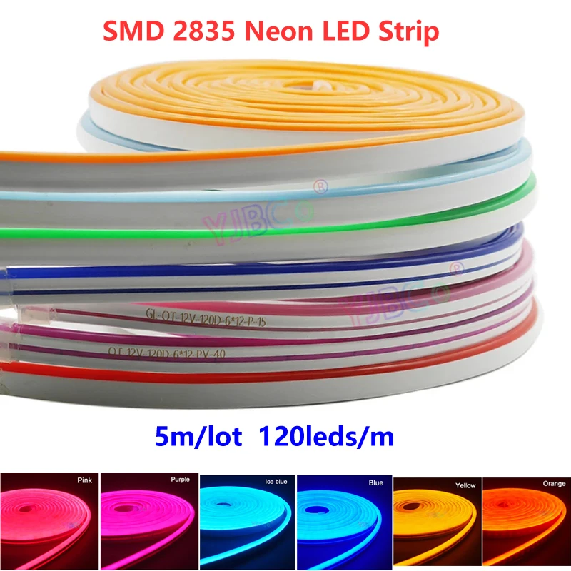 

DC12V 5m/lot SMD 2835 Flexible LED Strip Neon Tape 120leds/m Soft Rope Light Bar Silicon Rubber Tube Outdoor Waterproof Lamp