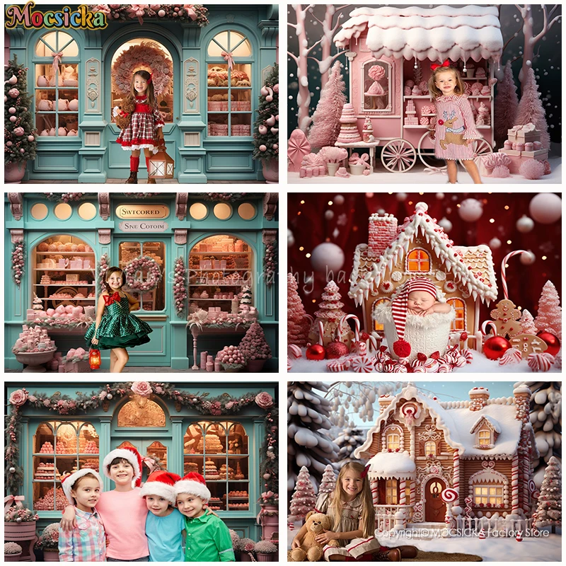 

Christmas Candy Store Gingerbread House Backdrops Kids Portrait Props XMAS Child Baby Photocall Background Santa Snowy Street