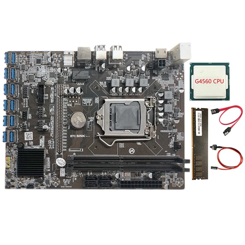 

Материнская плата для майнинга B250C с процессором G4560 + 2X DDR4 4G 2133 МГц ОЗУ + кабель SATA + кабель переключателя 12XPCIE на плату со слотом для карты USB3.0