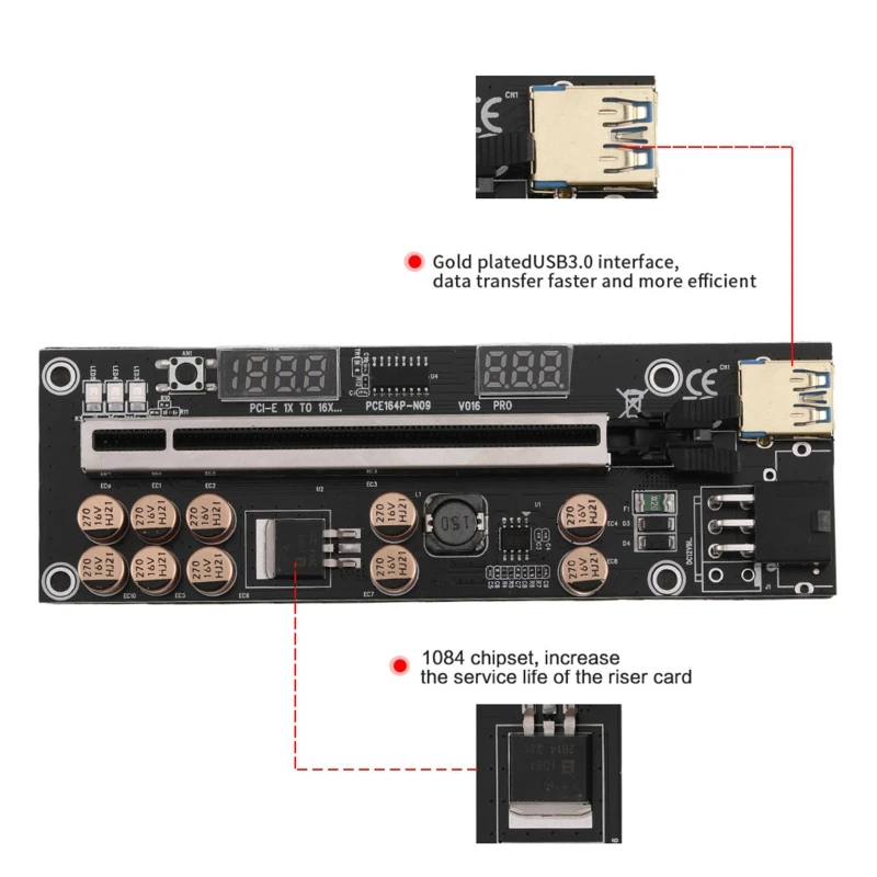 

D0UA VER016 Graphics Card Extension Cable 6 Pin Interface 10 Capacitor Led Light PCI-E 1x to 16x Adapter Card Adapter Board