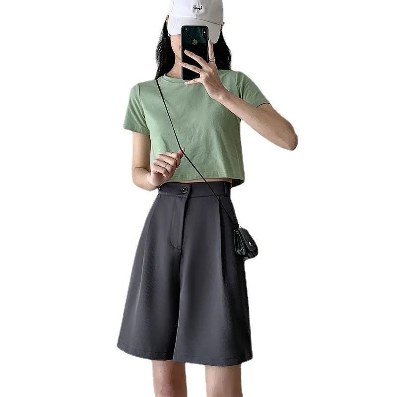 

Casual High Waist Wide-Leg Shorts for Women Button Elastic Waist Five Points Straight Pants Summer Black Streetwear Trousers