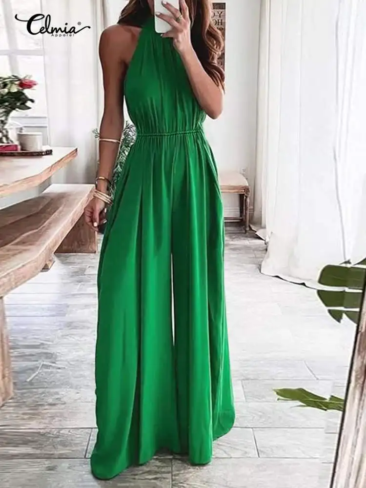 

Celmia Back Zipper O-neck Wide Leg Pant Overall Sexy Women Sleeveless Waisted Long Rompers 2022 Fashion Summer Pleats Jumpsuits