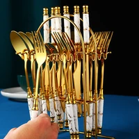 gold luxury dinnerware set ceramic full tableware stainless steel knife fork spoon set 24 piece kitchen table cutlery gift