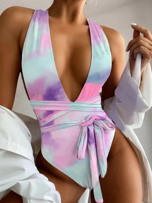 

2023 Summer Women's Bikini Printed One-piece Swimsuit Sexy Triangle Multicolor Ladies Swimwear Surf Beach Swimwear