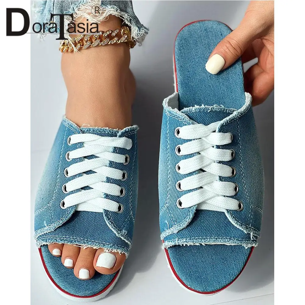 Big Size 43 New Female Light Denim Slides Fashion Lace-up Peep Toe Flat women's Slippers 2023 Casual Comfy Shoes Woman