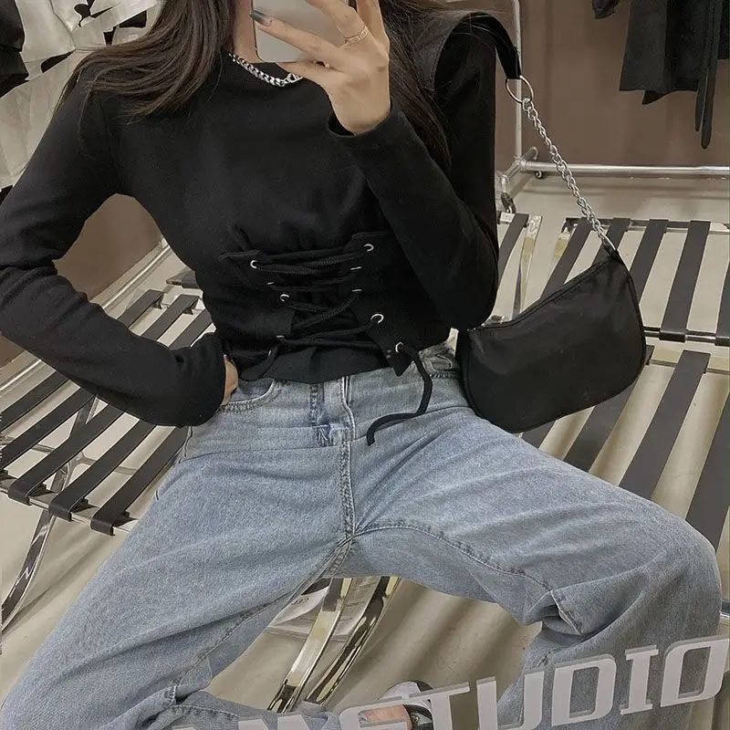 Готическая бандажная футболка с длинным рукавом женская модная однотонная