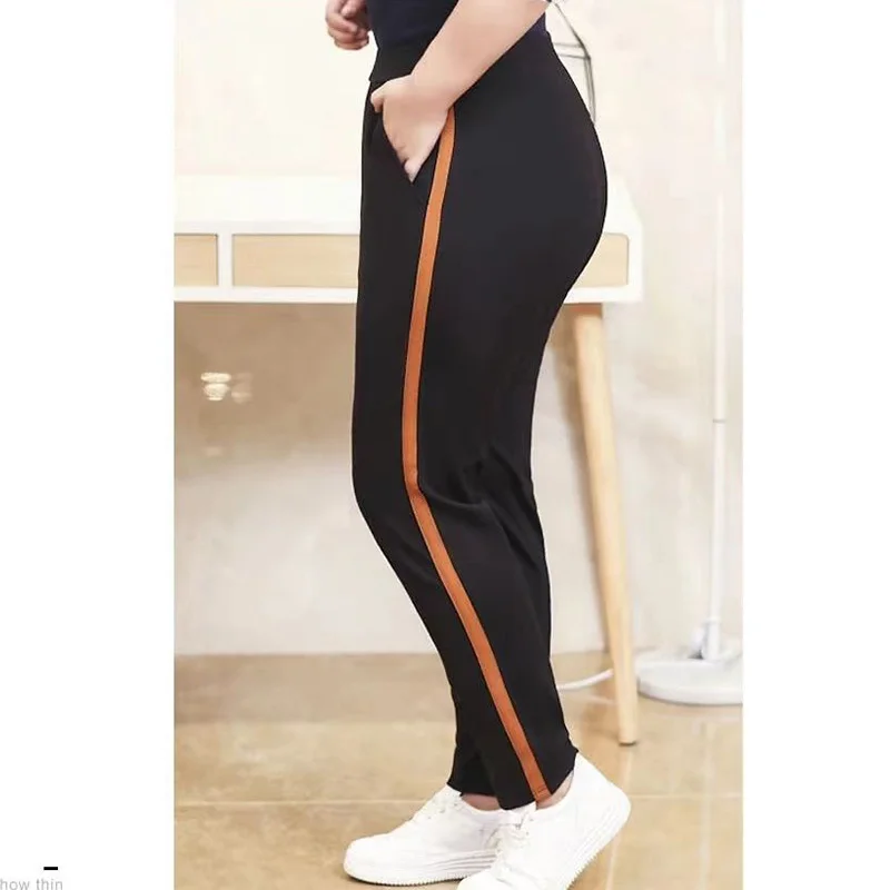 Spring Summer Thin Casual Elastic High Waist Sports Pants Fashion Side Splicing Striped Print Women Plus Size Straight Trousers