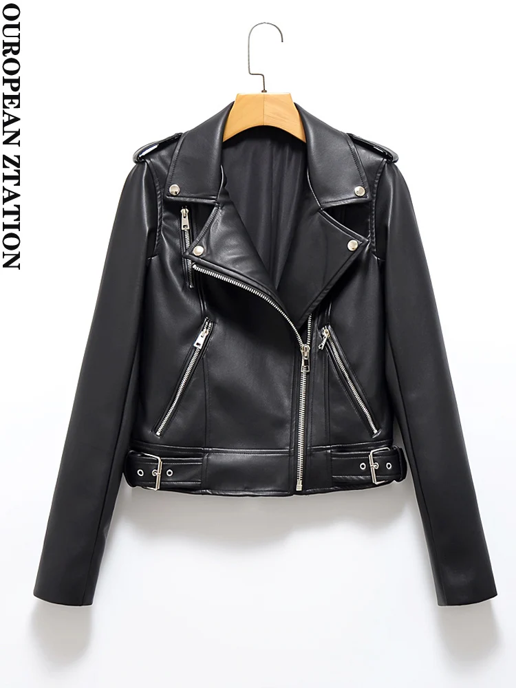 

PAILETE Women 2023 fashion faux leather oversized jacket coat vintage long sleeve front zipper female outerwear chic tops