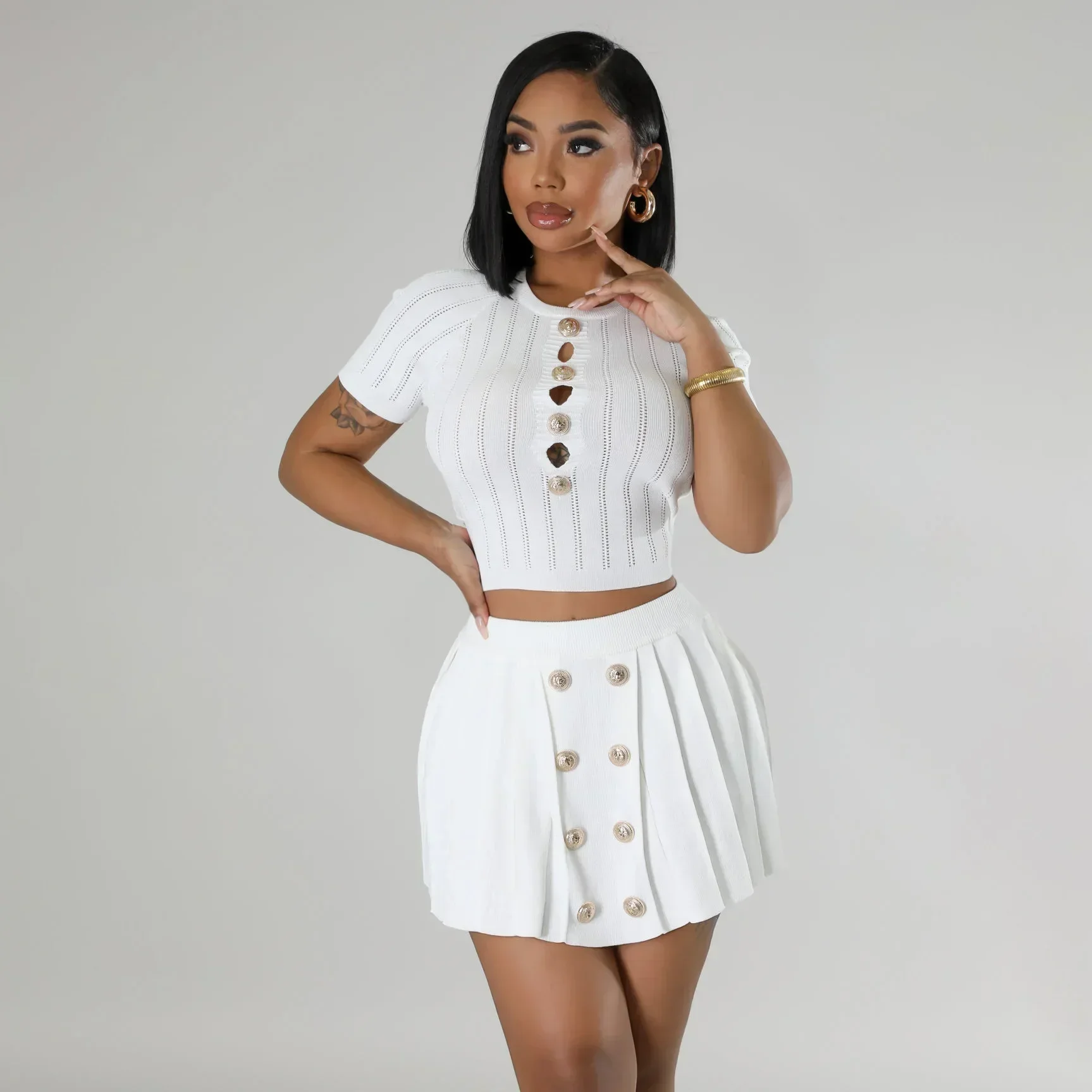 Горячий новый летний вязаный укороченный топ с круглым вырезом и мини-юбка