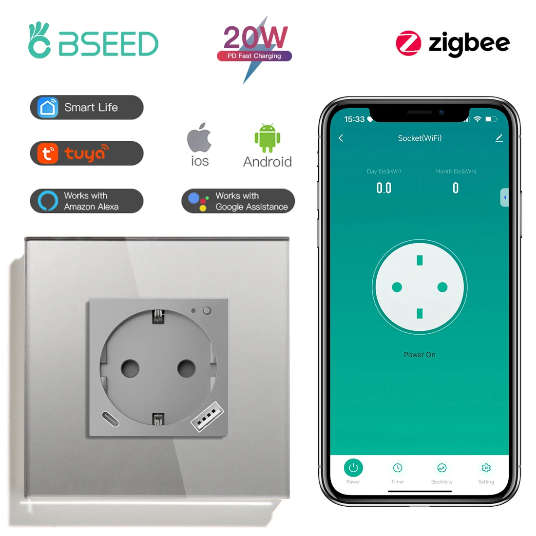 

BSEED Zigbee умная розетка 20 Вт USB Type-C