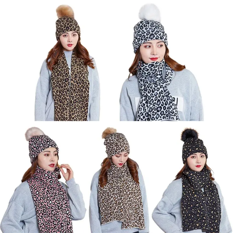 

Womens Scarf Hat 2 Pieces Set Thicken Knitted Warm Cuffed Beanie Skull with Fluffy Pompom Vintage Leopard Printed Long Shawl