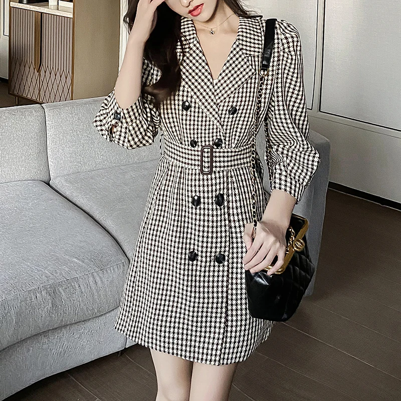 

Spring 2022 New High-End Temperament Windbreaker Dress Women's Waist Thousand Bird Check Bubble Long Sleeve Fashion Skirt
