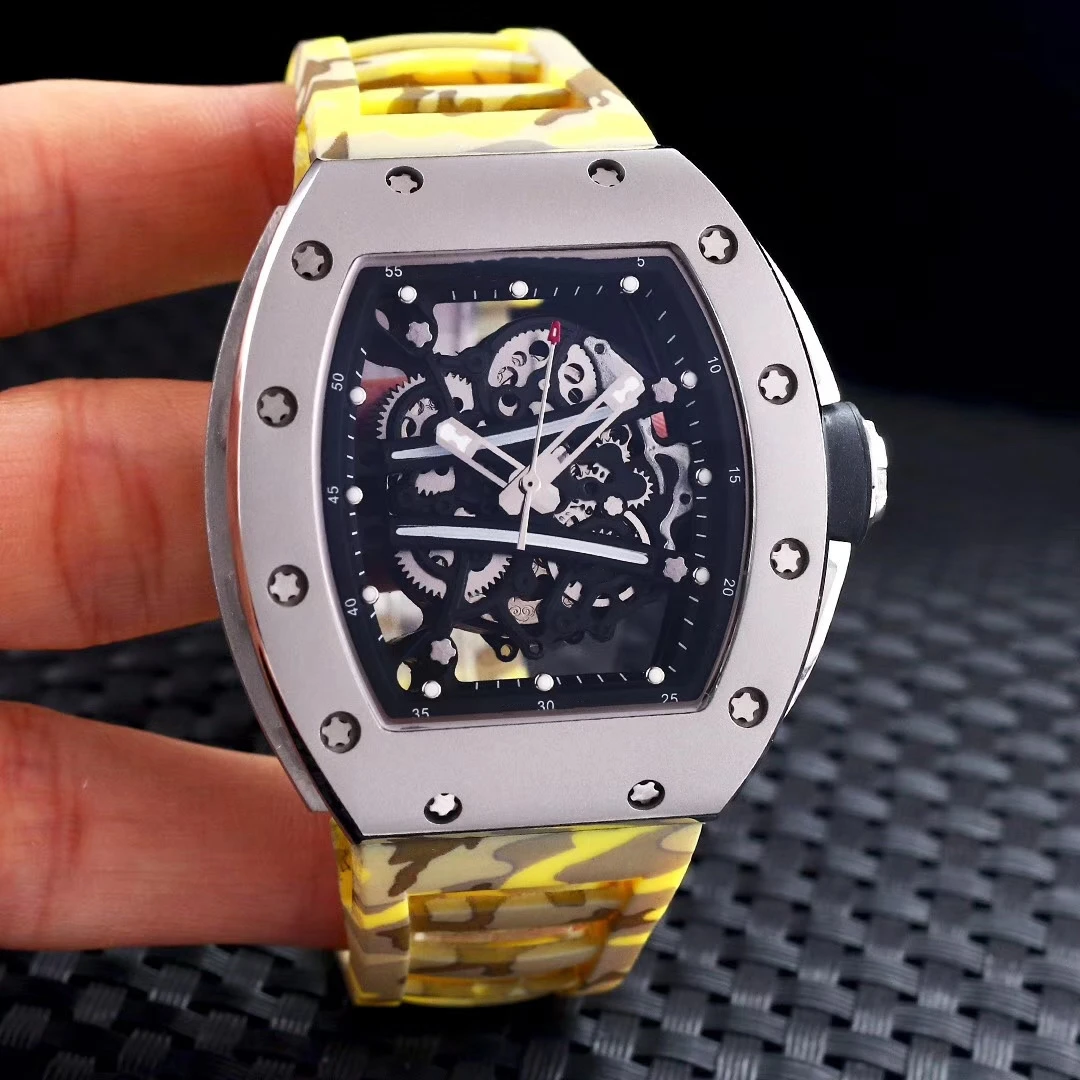 

High-Top Black Blue Rubber Mens Watch Sapphire Mechanical Automatic Silver YOHAN BLAKE Stainless Steel TPT Skeleton