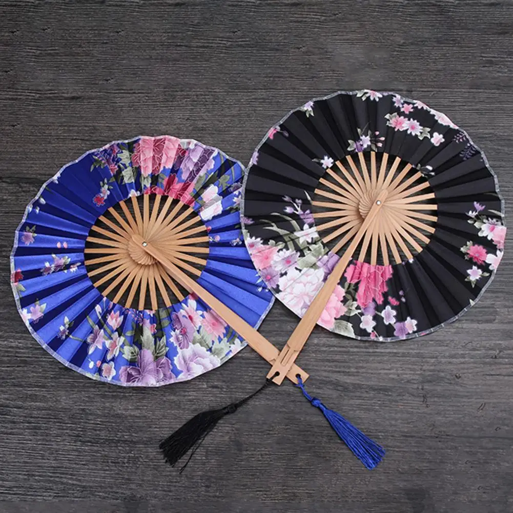 

Ancient Classic Hand Fan with Tassel Dress Up Costume Bamboo Flower Print Round Fan Performance Supplies
