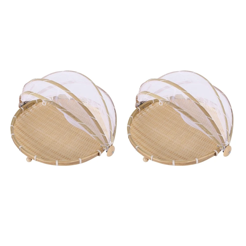 

2Pc Hand Woven Bug Proof Basket Dustproof Picnic Basket Handmade Fruit Vegetable Bread Cover Wicker Basket With Gauze