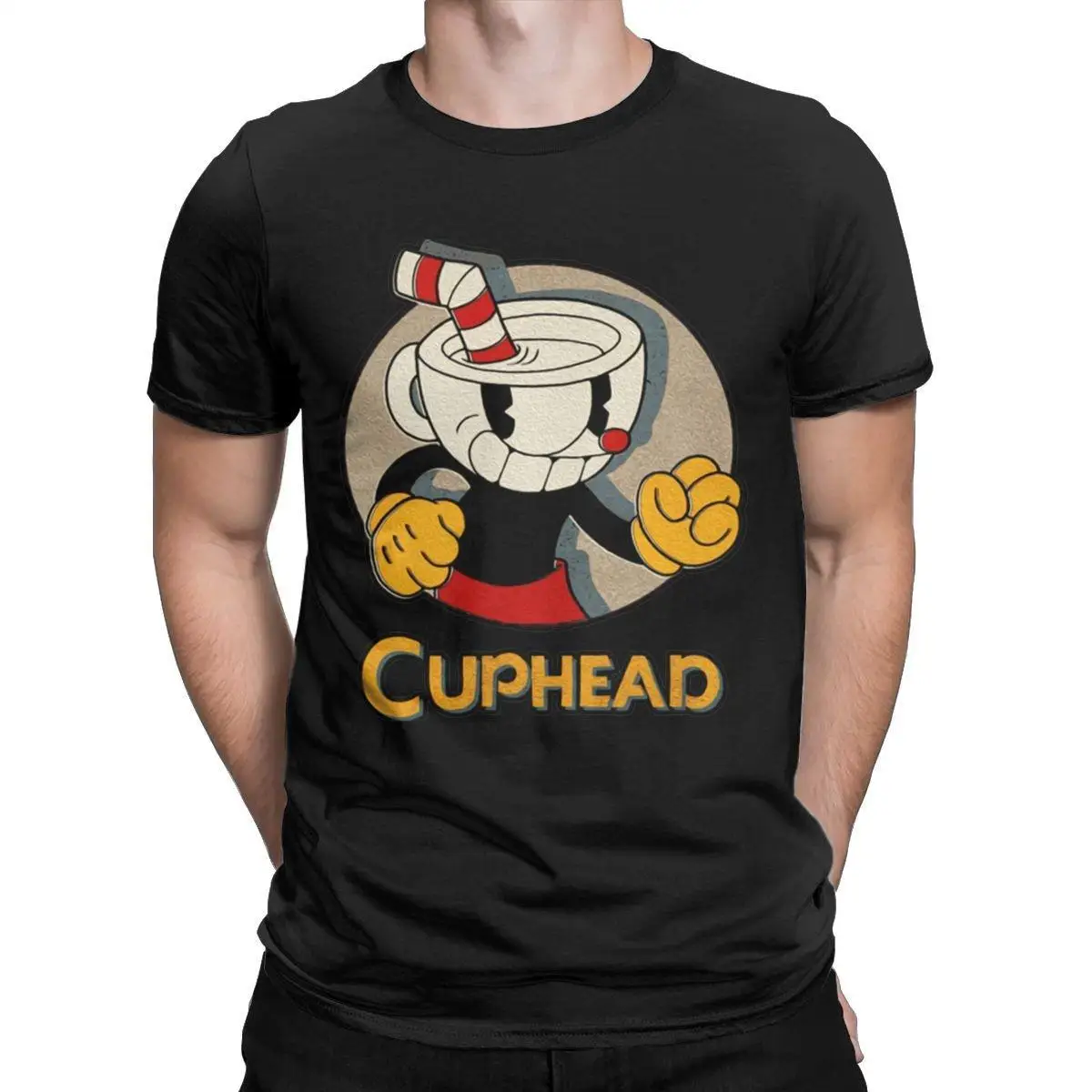 Vintage Cuphead And Mugman Angry T-Shirt Men Round Neck Pure Cotton T Shirts Retro Games Short Sleeve Tees Plus Size Clothes
