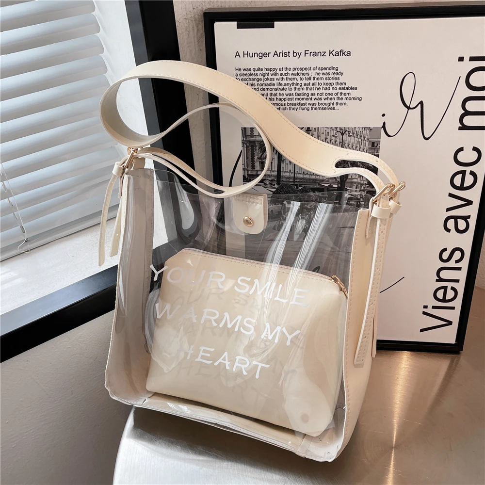 

Burminsa 2 Pcs/Set Wide Strap Transparent Shoulder Bags For Women Summer 2022 Trend Large Capacity Bucket Jelly Ladies Handbags