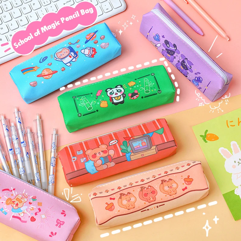 

1Pc Ins Korean Cartoon School Pencil Bag Student PU Large Capacity Stationery Box Pencil Bag Cute Learning Articles