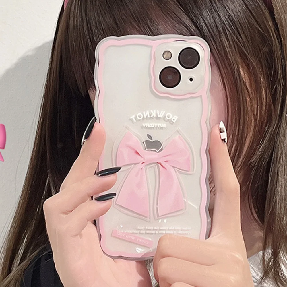 

Pink Fairy Bow Curly Wave Phone Case For iPhone 11 13 12 Pro Max 13Pro XR 8 7 X XS Max 12 Mini 6 6S Plus SE 20 Hybrid Shockproof