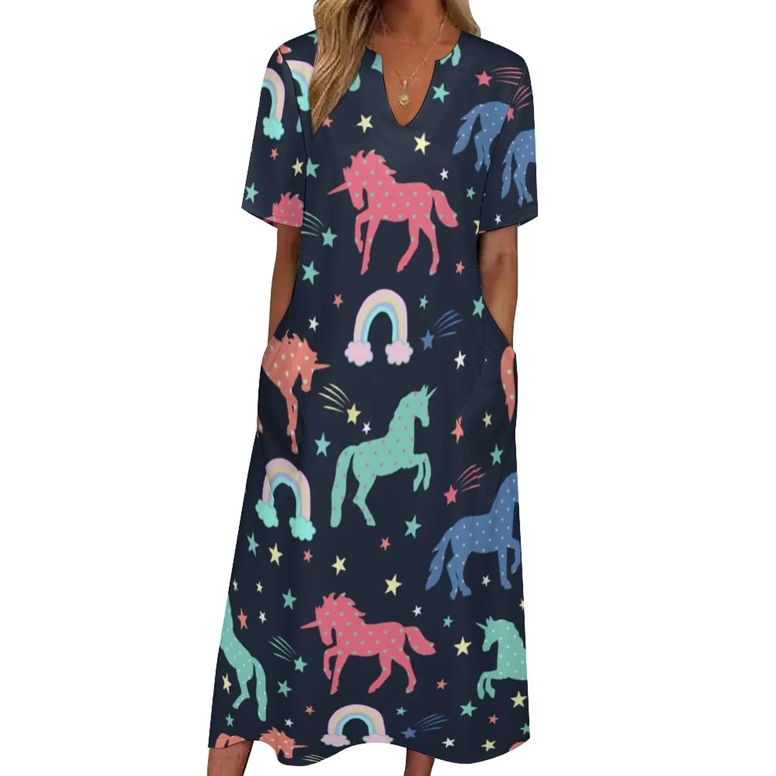 

Cute Unicorn Dress Rainbows Stars Print Vintage Maxi Dress V Neck Graphic Bohemia Long Dresses Streetwear Oversize Vestidos