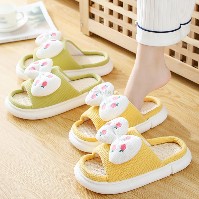 All Season Linen Home Slippers for Women Bedroom Slippers Comfort Cute Butterfly-Knot Non-slip Female House Slippers Unisex