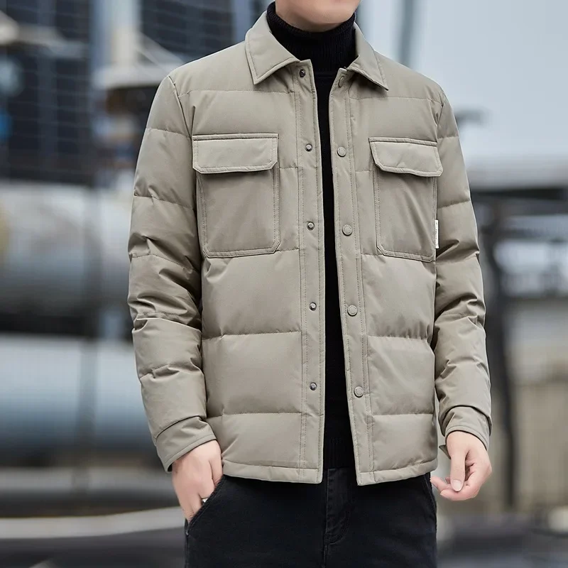 Повседневный мужской пуховик новый зимний с воротником лацканами тонкий теплый