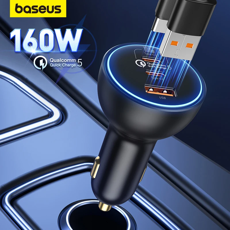 Cell Phone Chargers  Baseus 160W Car Charger QC 5.0 Fast Quick Charging PPS PD3.0 USB Type C Car Phone Charge For iPhone 14 13 12 Pro Laptops Tablets 
