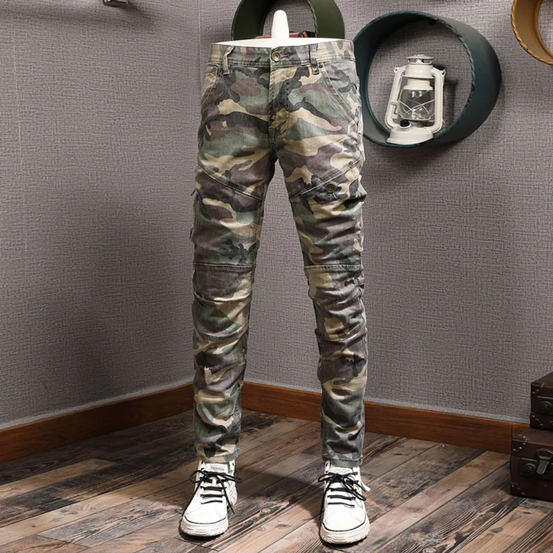 Fashion Streetwear Men Jeans Spliced Designer Stretch Slim Fit Biker Jeans Homme Hip Hop Pants Men Camouflage Military Trousers