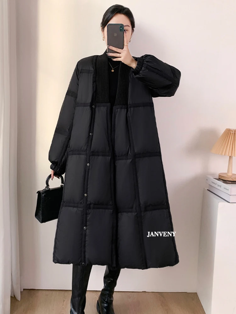 Janveny 2022 Winter New Knitted V-neck White Duck Down Jacket Women Thickened Loose Over The Knee Puffer Coat Warmth Snow Parka