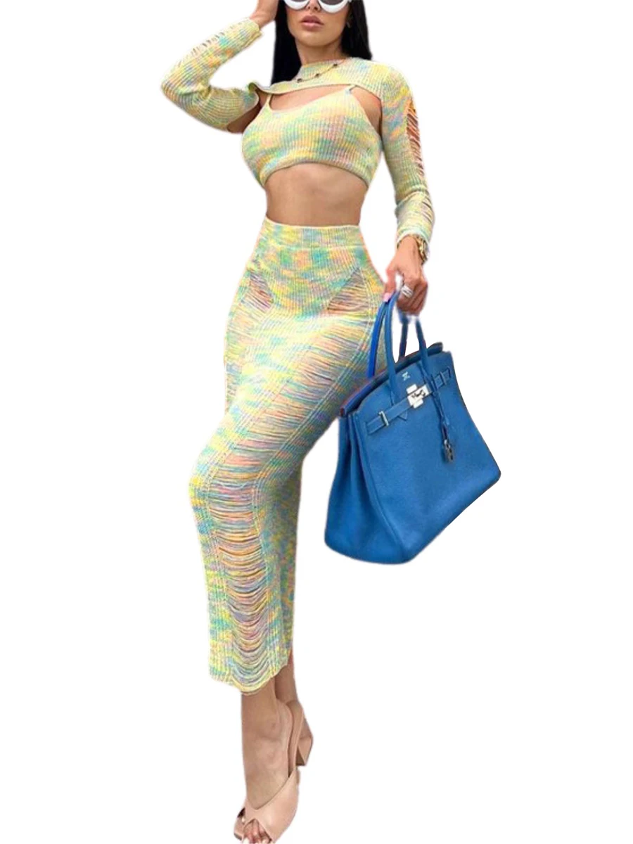 

Women’s 3 Piece Outfits Knitted Sets Cropped Pullover with Tank Crop Top and Ripped Raw Hem Midi Skirt Beach Y2k
