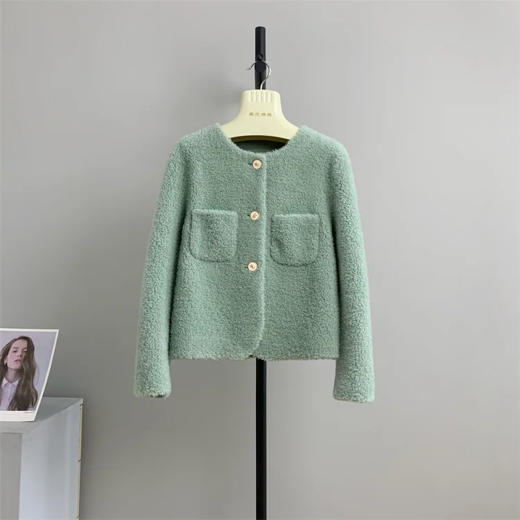 genuine wool 100% Small Fragrant Solid Ribbon Short Women's Winter Fashion Sheep Shearing Coat Young Fur