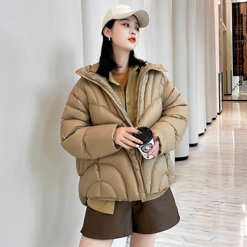 Winter Hooded Warm Light Feather Jacket Women High-quality Fluffy White Duck Down Short Coat Loose Thick Puffer Outwear