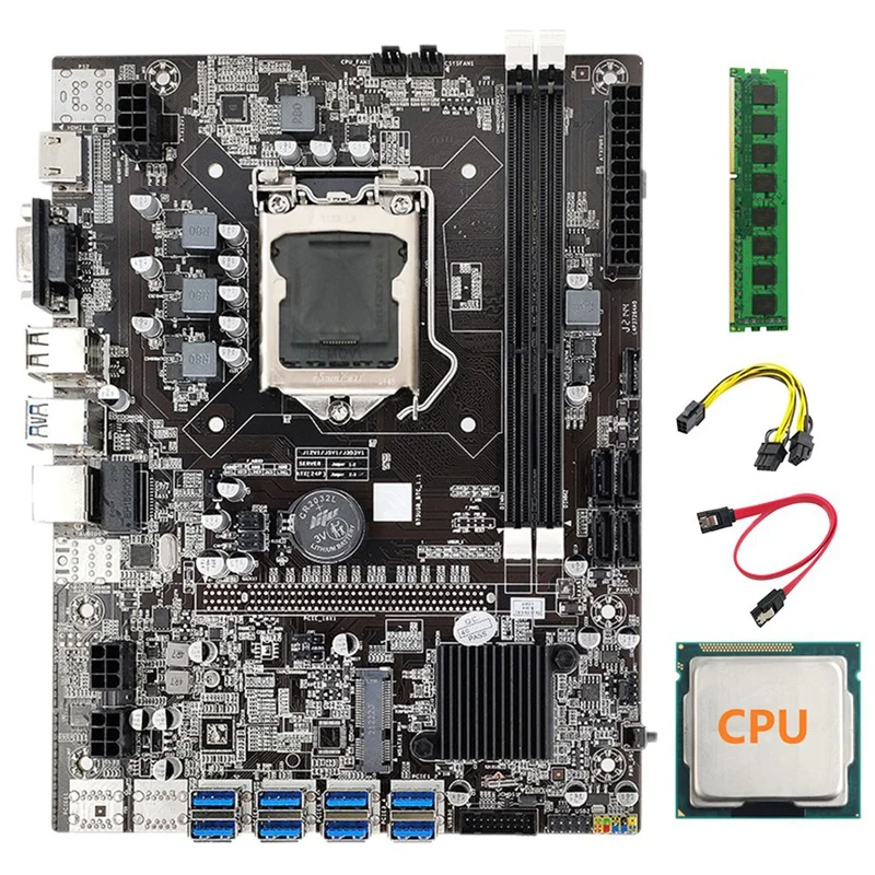 

ETH-B75 Mining Motherboard LGA1155 8 GPU PCI-E 1X 16X Random CPU+6Pin to Dual 8Pin Cable+SATA Cable+DDR3 4GB 1333Mhz RAM