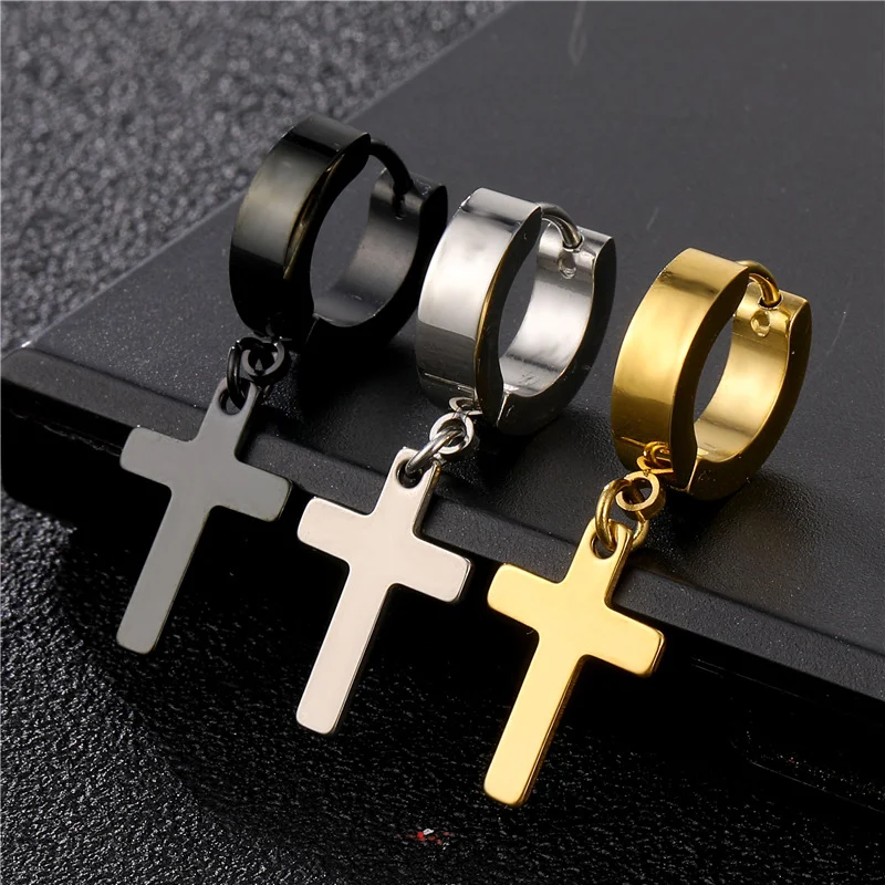 

1 Pair Mens Silver Color Hoop Earrings with Cross Charm Punk Stainless Steel Earrings Anti Allergic Pierced Ear Jewelry