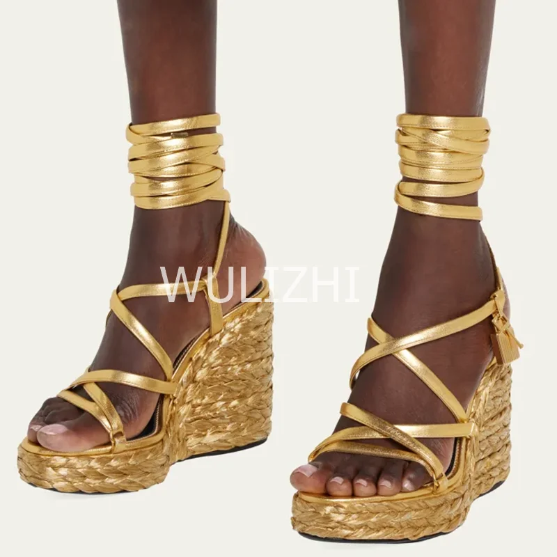 Woman Gold Bling Cross Metal Buckle Wedge New Espadarille Strap Design Platform Open Round Sandals Lace Hollow Sexy Luxury Shoes