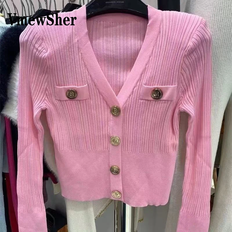 

VmewSher 6 Color Elegant Slim V-Neck Sweater Cardigan Women Thin Knitted Short Top Spring Long Sleeve Buttons Outwear Bodycon