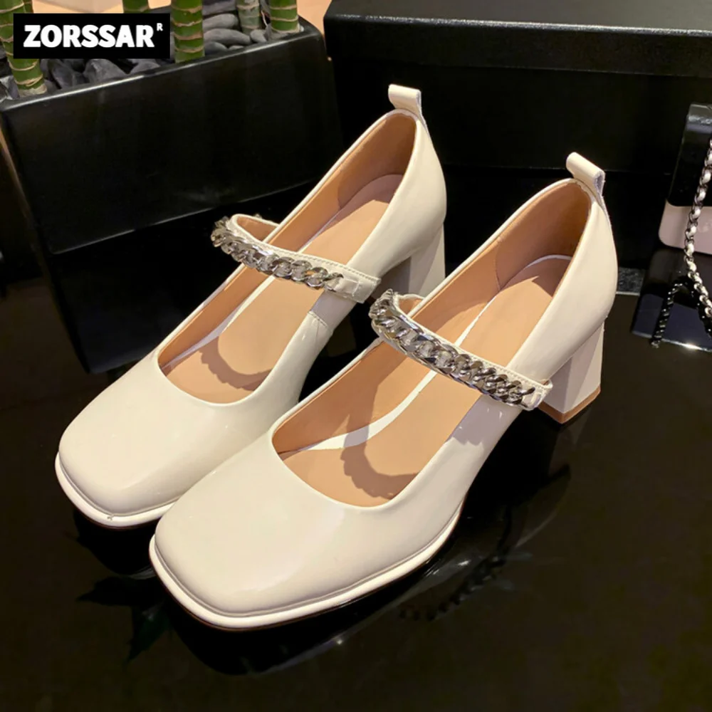 

2023 New Women Dress Shoes Thick Heels Mary Janes Shoes Genuine Leather Shallow Square toe Pumps Ankle Strap Ladies Shoe Office