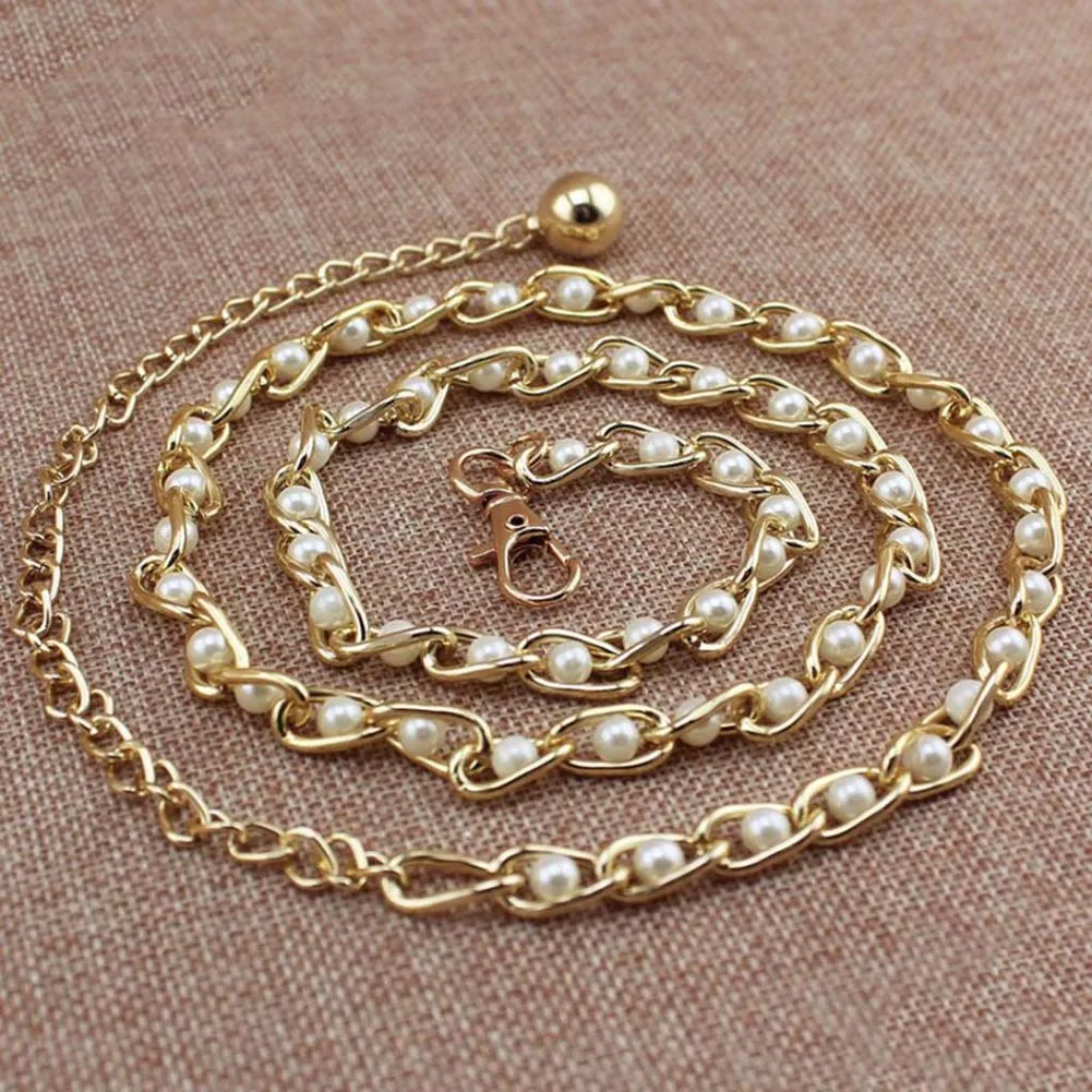 

New Fashion Metal Waist Belt For Women Body Chain Imitation Pearl Beads Dress Waist Chain Belt Thin Women's Corset Waistband