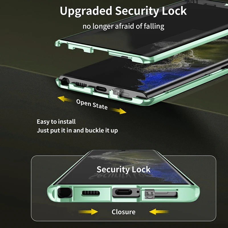 Magnetic Adsorption Metal Snap Lock Case For Samsung Galaxy S23 S22 S21 UItra Plus Double Sided Glass Camera Lens Protect Cover