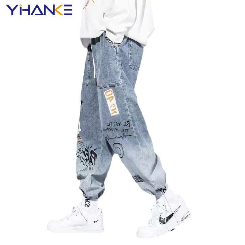 YIHANKE Men's Jeans Pants Denim Pants Blue High Waisted Jeans Baggy Printed Denim Trousers Male Jeans Hip Hop Streetwear S-5XL