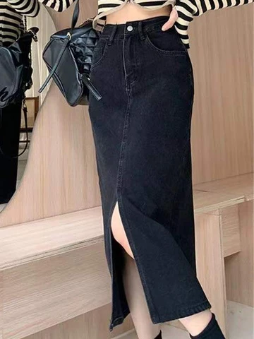 Summer Maxi Denim Skirt for Women 2023 Vintage High Waist Blue Black Long Jeans Skirt Spring Female A-line Split Denim Skirts