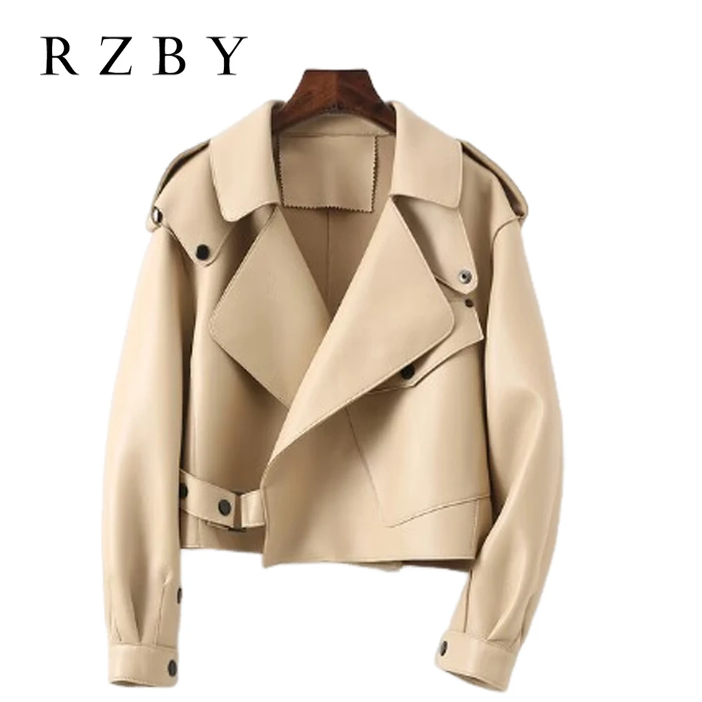 

Кожаные куртки RZBY из 100% натуральной овечьей кожи, свободные шорты, верхняя одежда, натуральный топ с карманами и отложным воротником, тонкая кожаная куртка RZBY2516