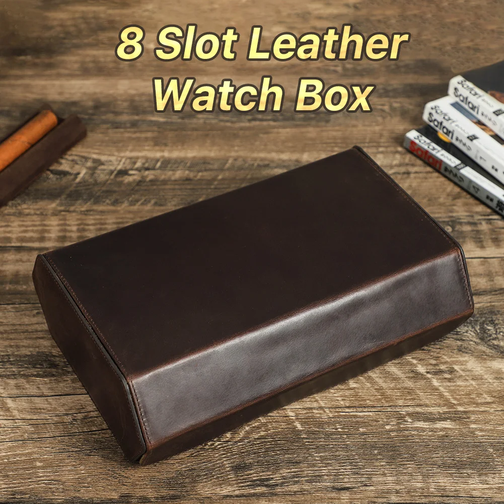 Vintage Crazy Horse Leather 8 Slots Watch Case Travel Storage Box with Slid in Out For Men Watch Organizers Box