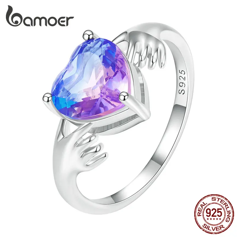 

Женское кольцо на палец Bamoer, 925 пробы, серебряное, фиолетовое, с сердцем, подарок на день Святого Валентина, романтическое ювелирное изделие, ...