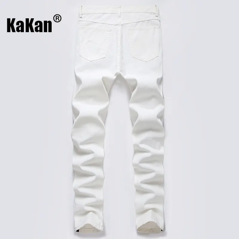 Kakan - European and American New White Red Torn Jeans for Men, Elastic High Street Trend Zipper Straight Length Jeans K36-222