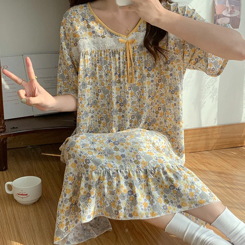 Summer Dress Women Nightwear Maiden Night Gown Sexy Sleepwear Cotton Silk Thin Pajamas