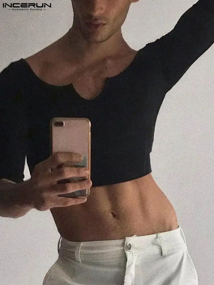 

INCERUN Tops 2022 Fashion Casual Style New Men Solid All-match Camiseta Sexy Leisure Male See-though Long Sleeve T-Shirts S-5XL