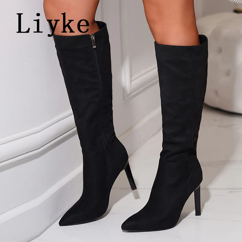

Liyke 2023 Sexy Pointed Toe Pole Dance Stiletto Heels Knee High Boots Fashion Zip Black Women Winter Long Shoes Bota Altas Mujer